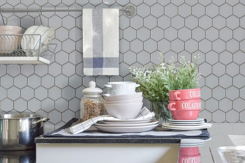 Retro Hexo Gray 6mm Matte Porcelain Mosaics in a finished room