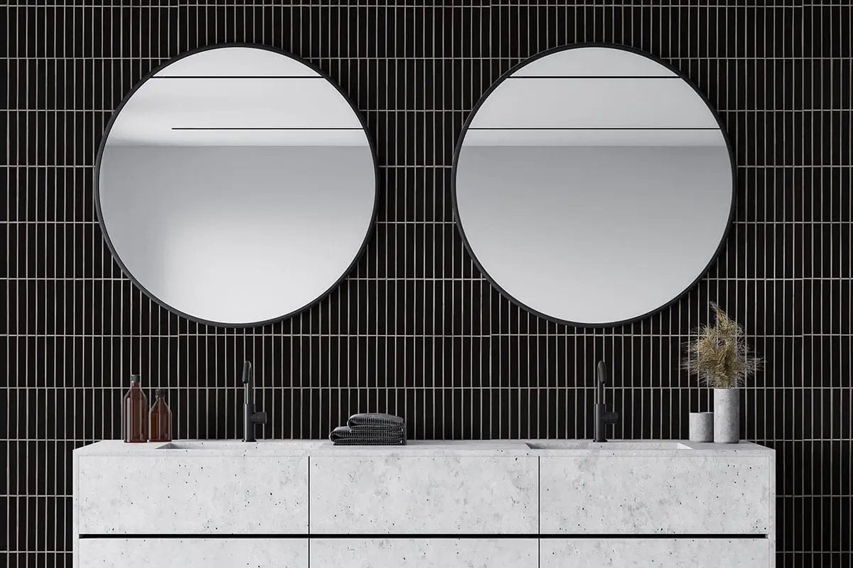 Black Matte 1x6 Stack Pattern Porcelain Mosaics in a finished room