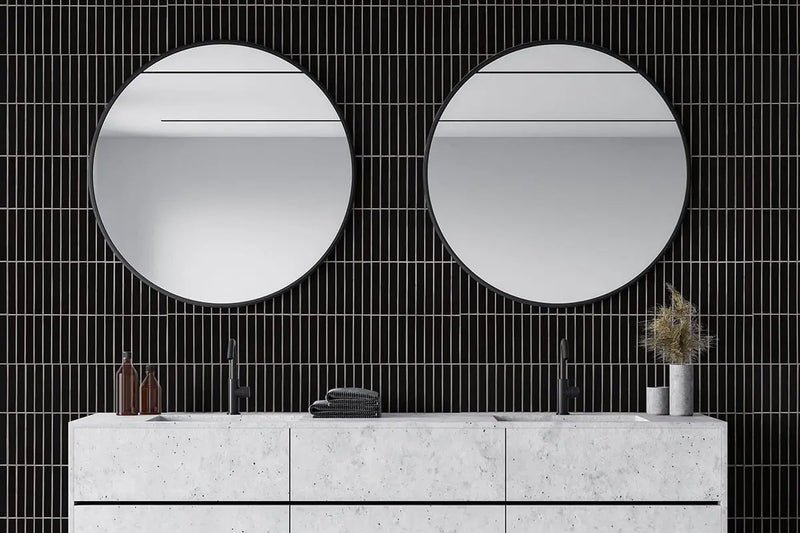 Black Matte 1x6 Stack Pattern Porcelain Mosaics in a finished room