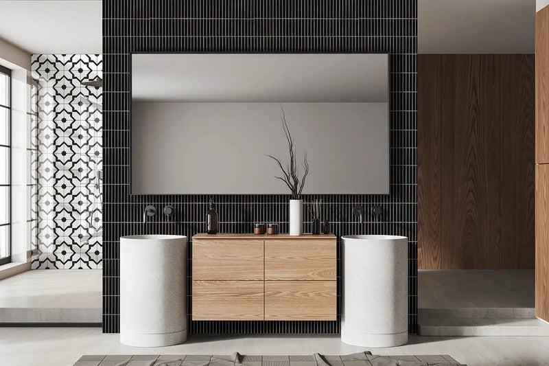 Black Matte 1x6 Stack Pattern Porcelain Mosaics in a finished room