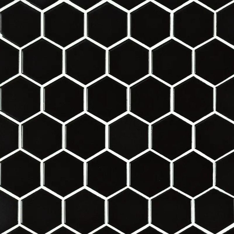 Black Matte 2” Hexagon Mosaic Tile Porcelain 2x2 close up