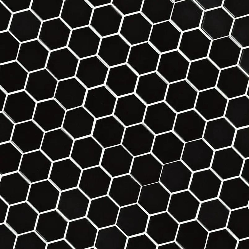 Black Matte 2” Hexagon Mosaic Tile Porcelain 2x2 angled view
