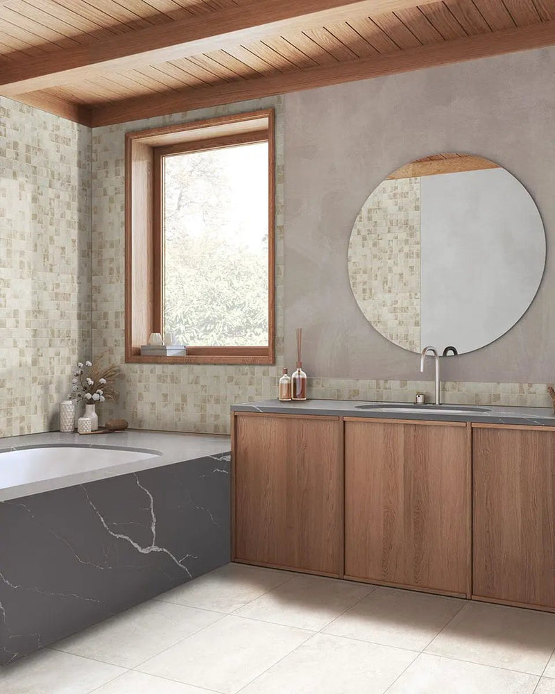 Terra Onyx Matte 2x2 Porcelain Mosaics in a finished room