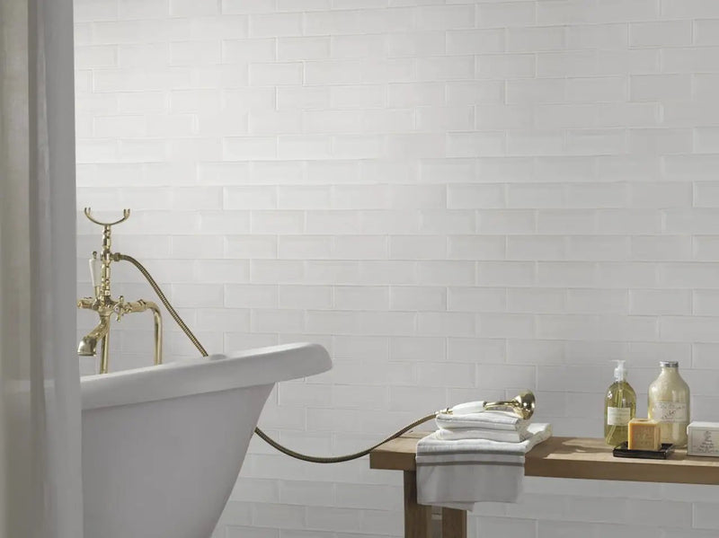 Whisper White Subway Tile 2x6 Glossy Ceramic Mosaics in a finished room