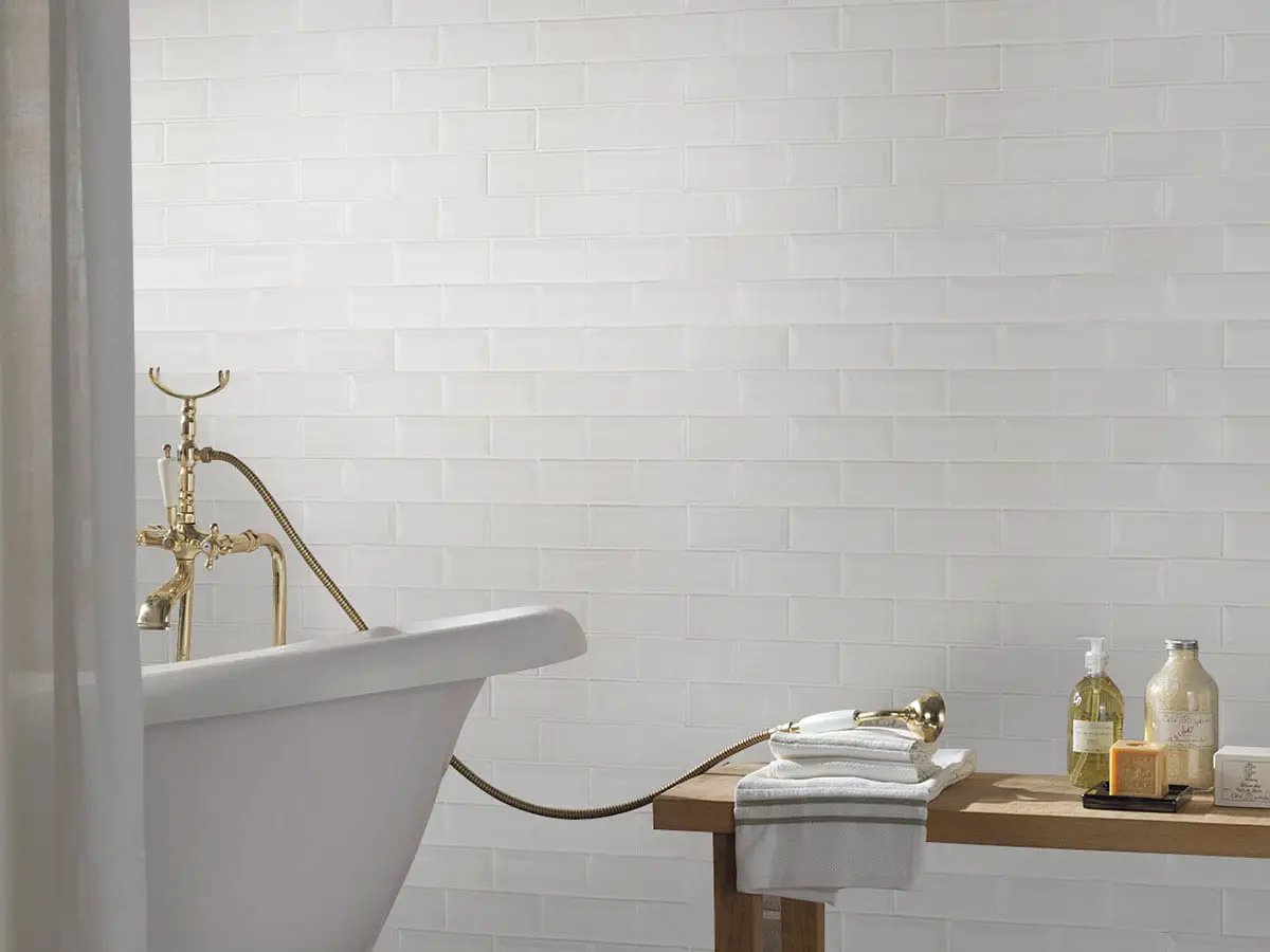 Whisper White Subway Tile 2x6 Glossy Ceramic Mosaics in a finished room