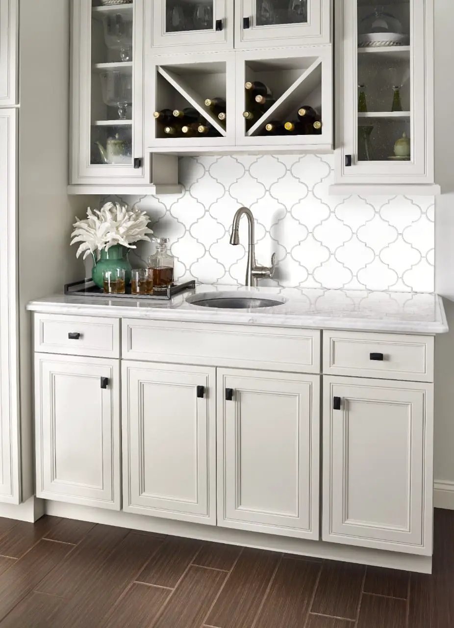 Whisper White Arabesque Tile Glossy Pattern Ceramic Mosaics in a finished room