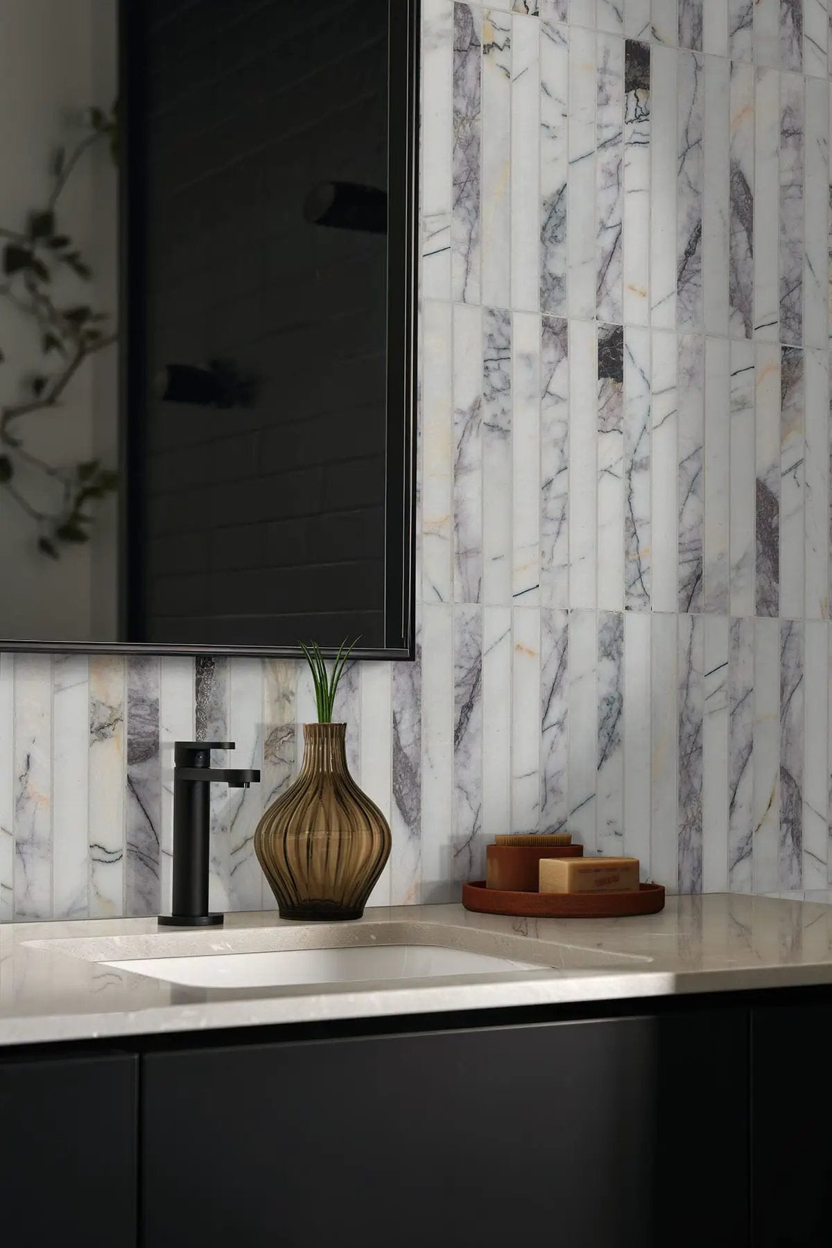 Scollopini Lilac Pattern Honed Marble Mosaics in a finished room