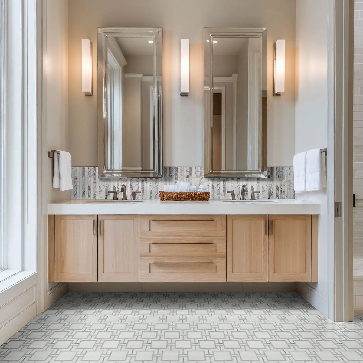 Scollopini Lilac Pattern Honed Marble Mosaics in a finished room