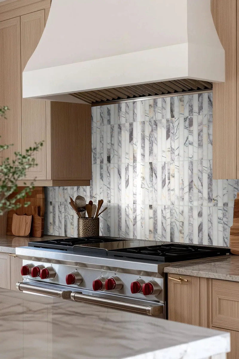 Scollopini Lilac Pattern Honed Marble Mosaics in a finished room