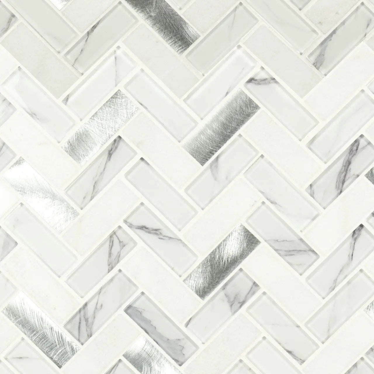 Bytle Bianco Herringbone 6mm Pattern Glass Mosaics close up