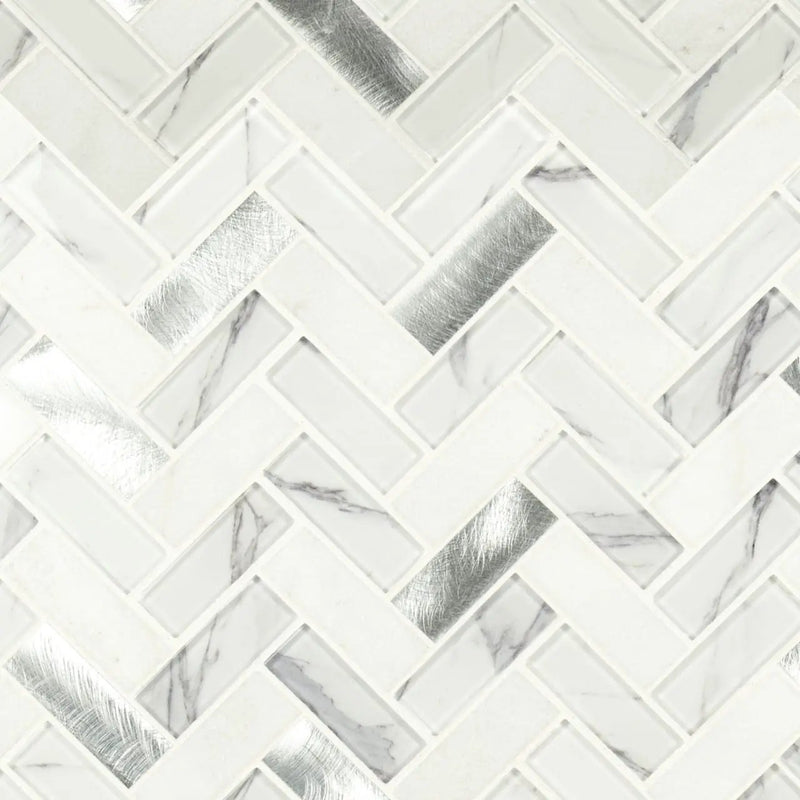 Bytle Bianco Herringbone 6mm Pattern Glass Mosaics close up