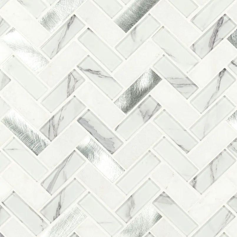 Bytle Bianco Herringbone 6mm Pattern Glass Mosaics close up