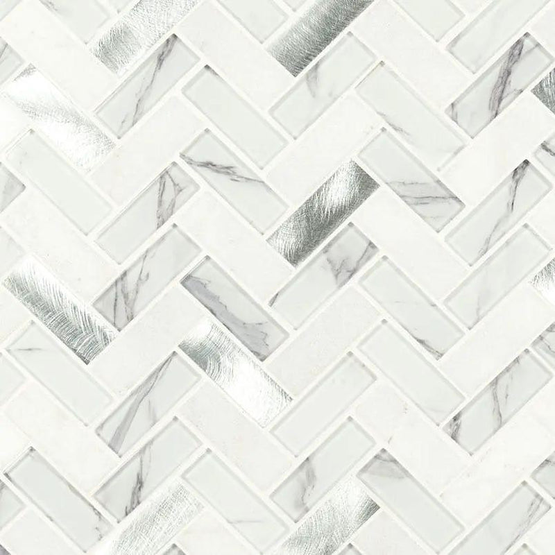 Bytle Bianco Herringbone 6mm Pattern Glass Mosaics close up