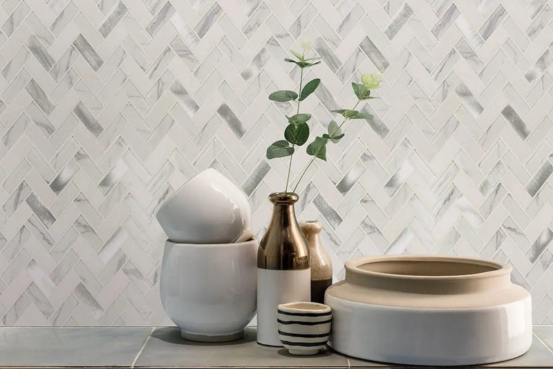 Bytle Bianco Herringbone 6mm Pattern Glass Mosaics in a finished room