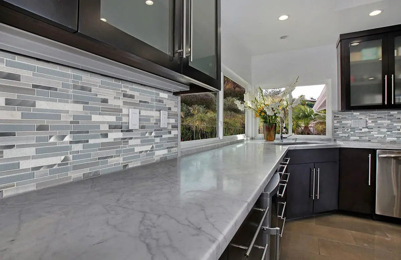 Harlow Interlocking 8mm Pattern Glass Mosaics in a finished room