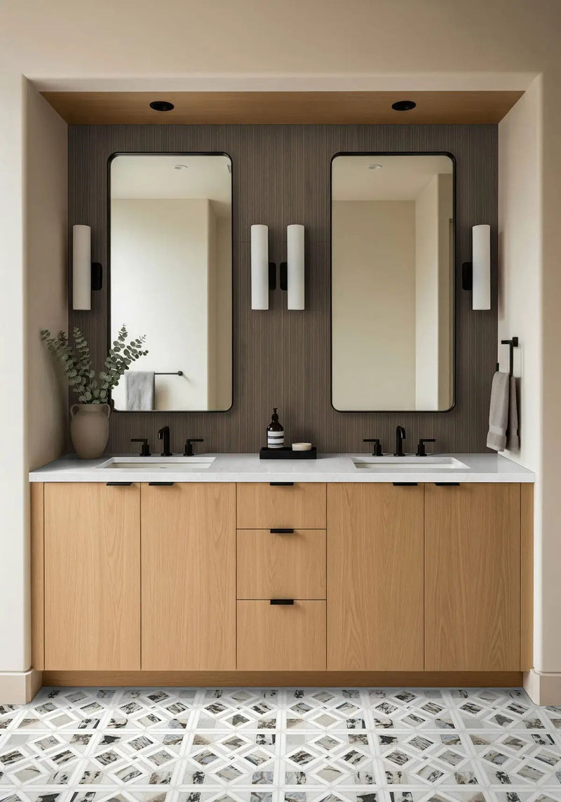 Tessere Pattern Polished Marble Mosaics in a finished room
