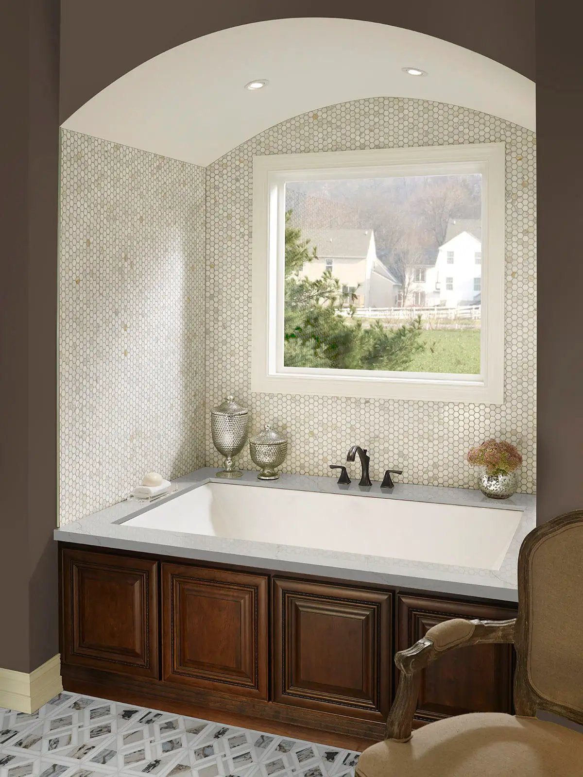 Tessere Pattern Polished Marble Mosaics in a finished room