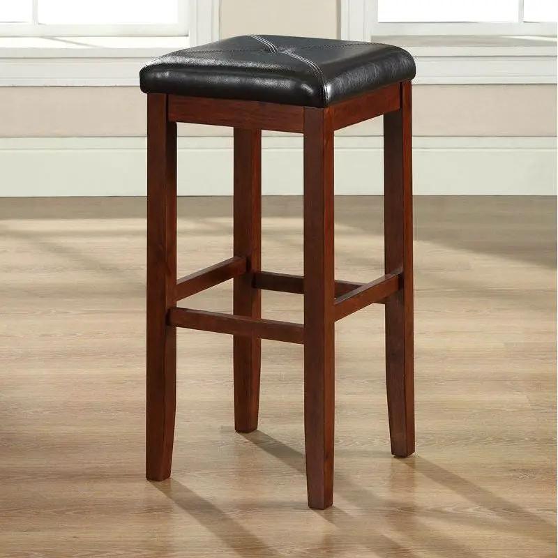 Set of 2 Vintage Mahogany Stools with Black Upholstered Seat by HomePacific