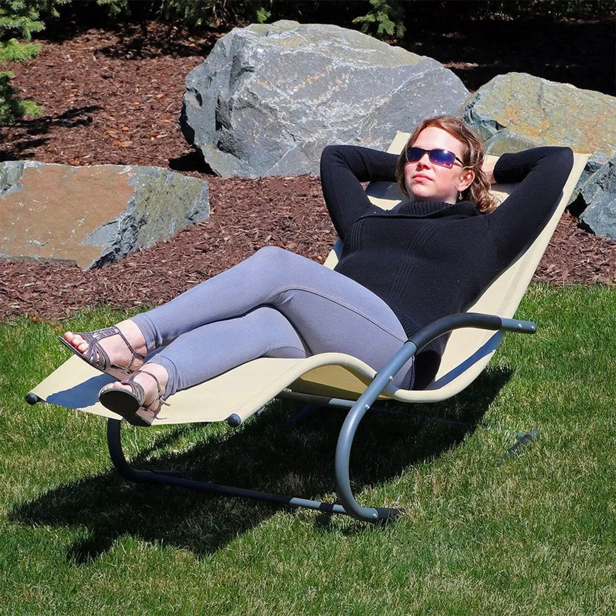 Modern Beige Rocking Chaise Lounger Patio Lounge Chair with Pillow by HomePacific