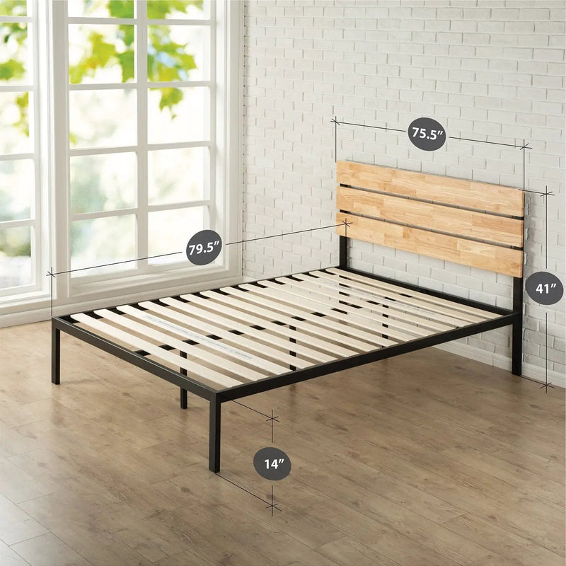 King size Modern Metal Platform Bed Frame with Wood Headboard and Slats by HomePacific