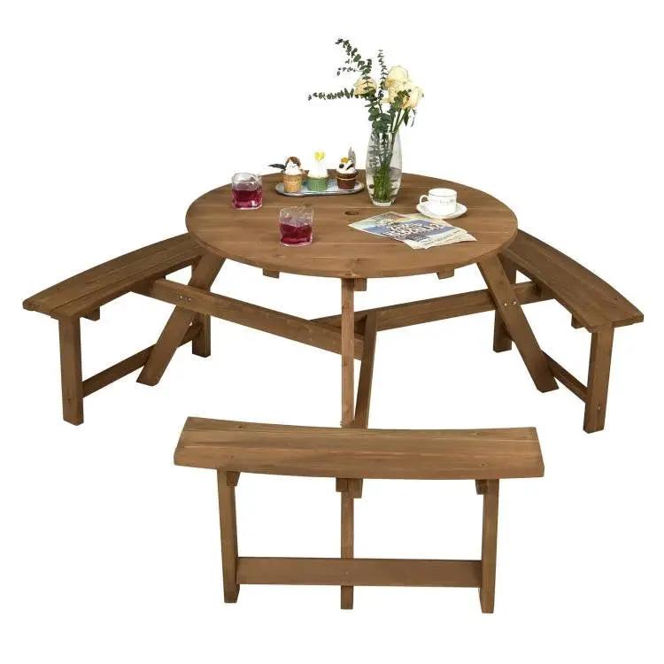 Outdoor Solid Wood Round Picnic Table Set with Umbrella Hole and 3 Benches by HomePacific