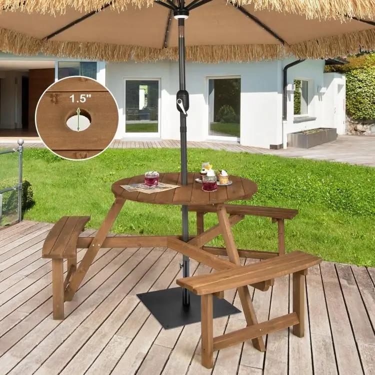 Outdoor Solid Wood Round Picnic Table Set with Umbrella Hole and 3 Benches by HomePacific