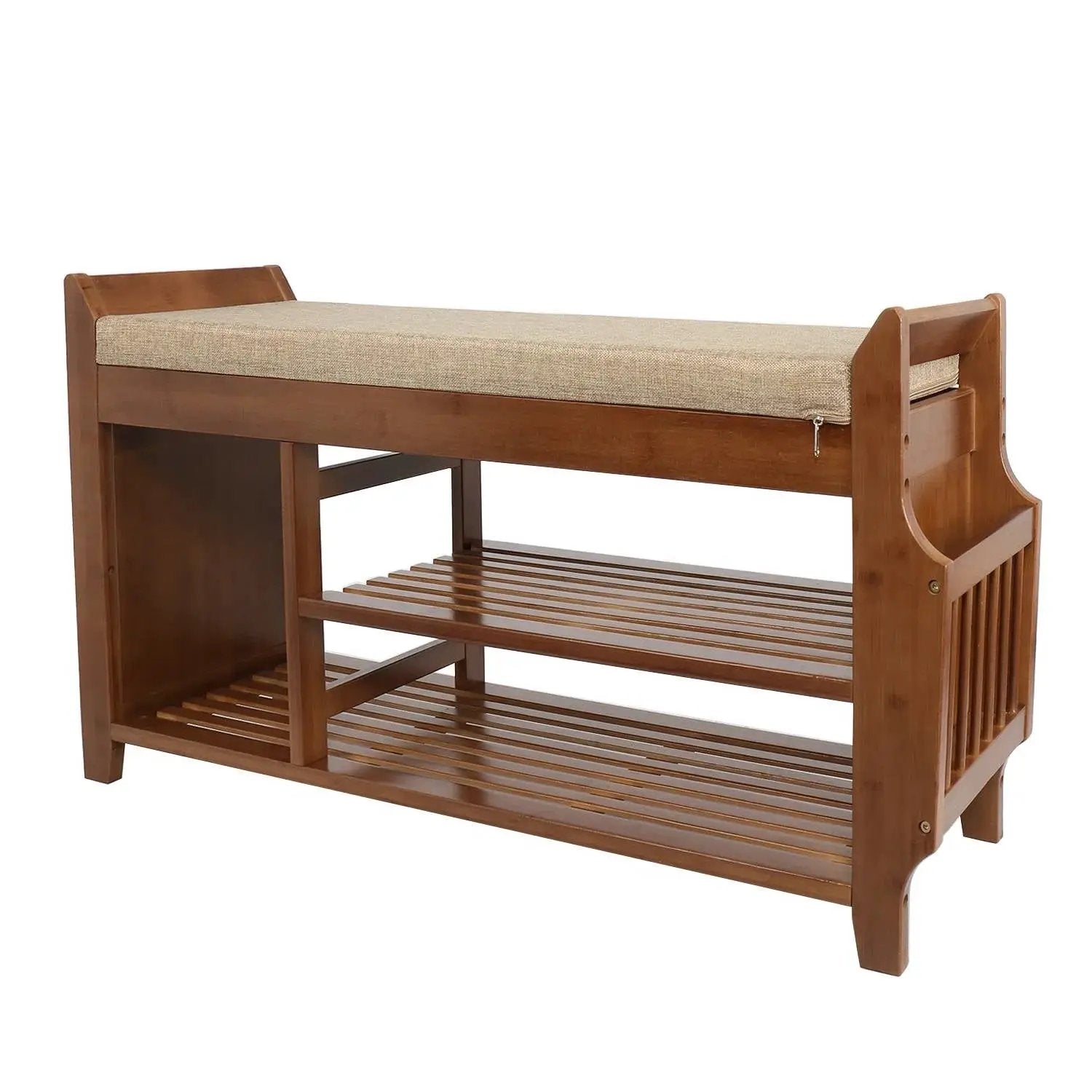Solid Wood Entryway Shoe Rack Storage Bench with Cushioned Seat 2 Shelves and Drawer by HomePacific
