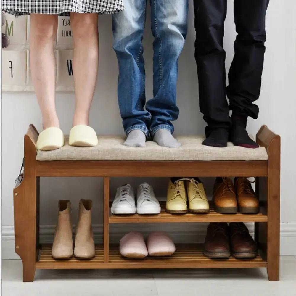 Solid Wood Entryway Shoe Rack Storage Bench with Cushioned Seat 2 Shelves and Drawer by HomePacific