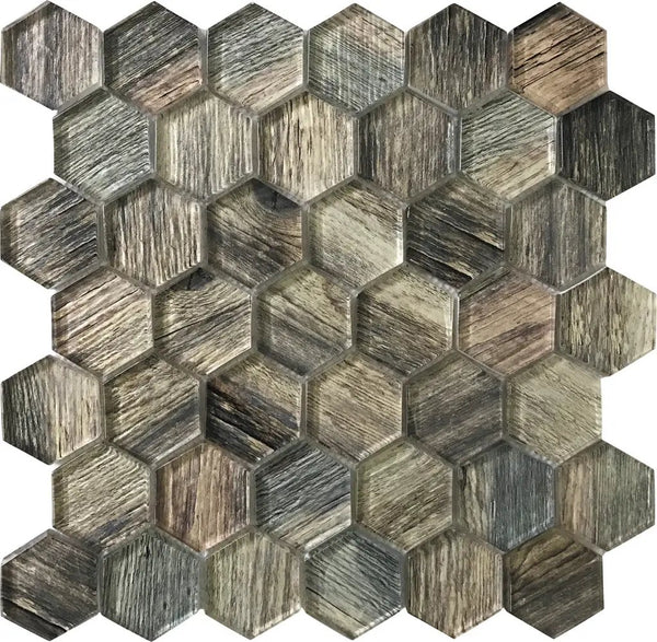 Wooden Brown 12x12 Glossy Hexagon Glass Mosaic Tile (5 pack, 4.83 sq ft/case), photo 2 of 9