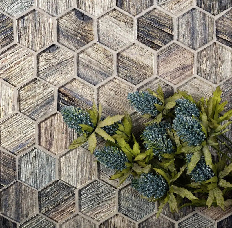 Wooden Brown 12x12 Glossy Hexagon Glass Mosaic Tile (5 pack, 4.83 sq ft/case) by Apollo Tile