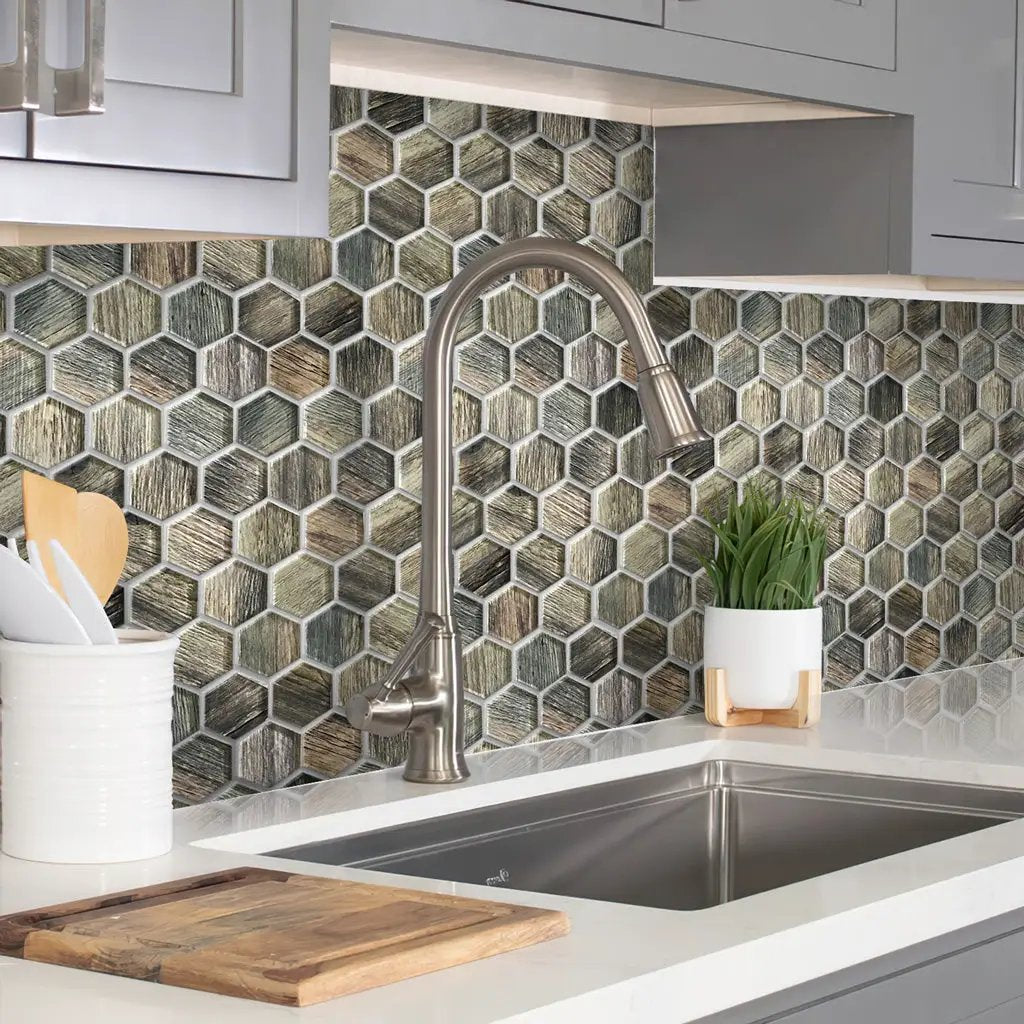 Wooden Brown 12x12 Glossy Hexagon Glass Mosaic Tile (5 pack, 4.83 sq ft/case) by Apollo Tile