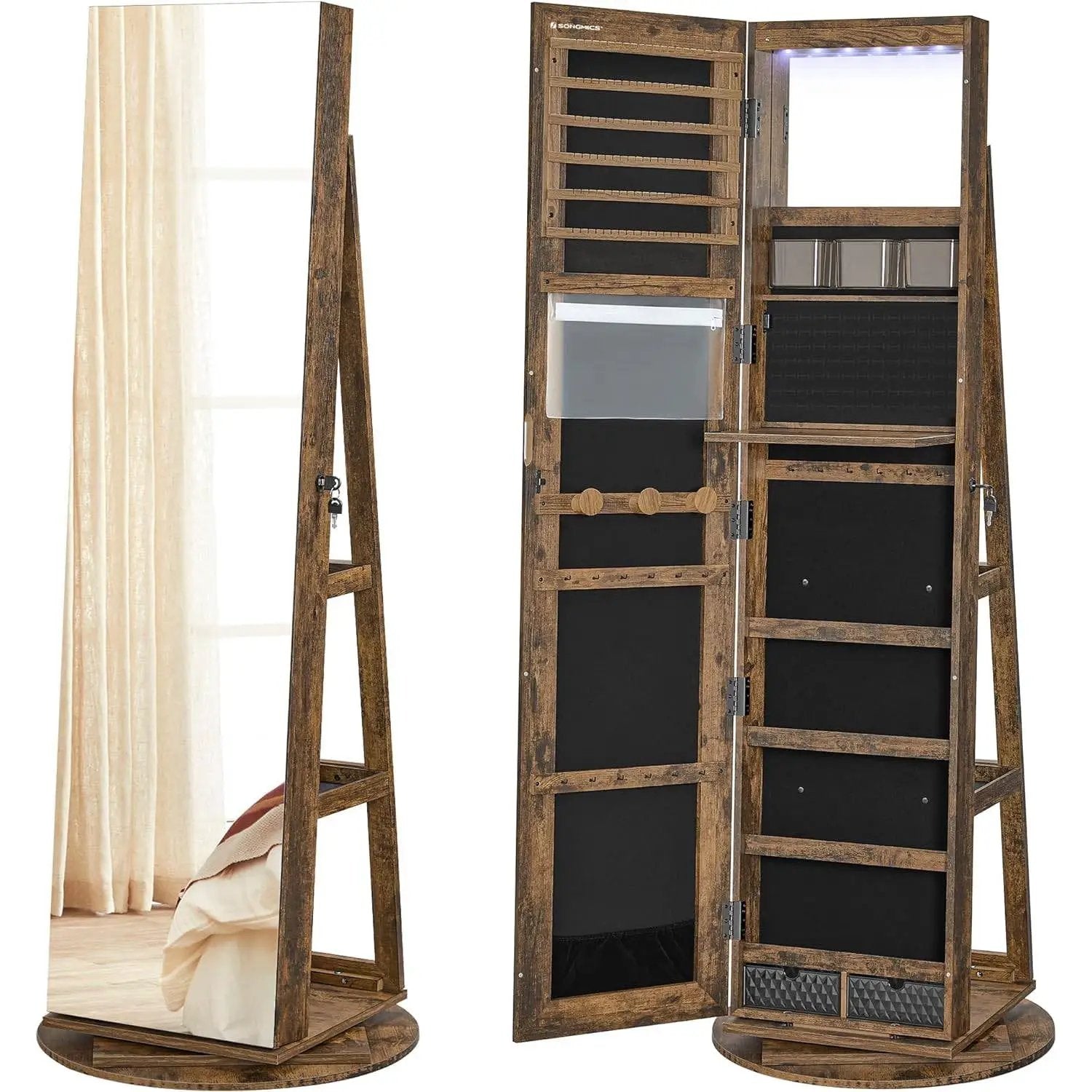 Rustic Brown Wood Jewelry Cabinet Armoire Organizer Freestanding Rotating Mirror by HomePacific