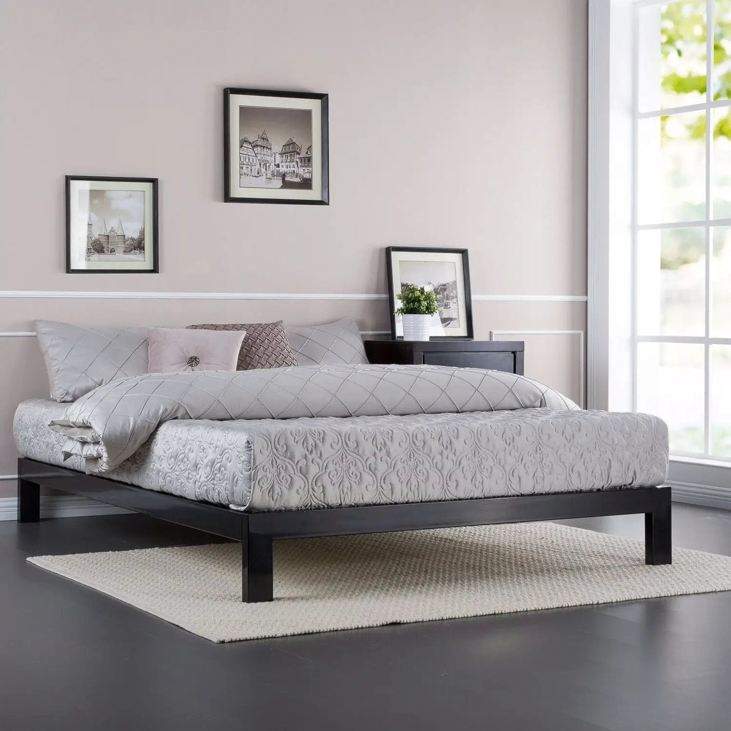 King size Modern Black Metal Platform Bed Frame with Wood Slats by HomePacific