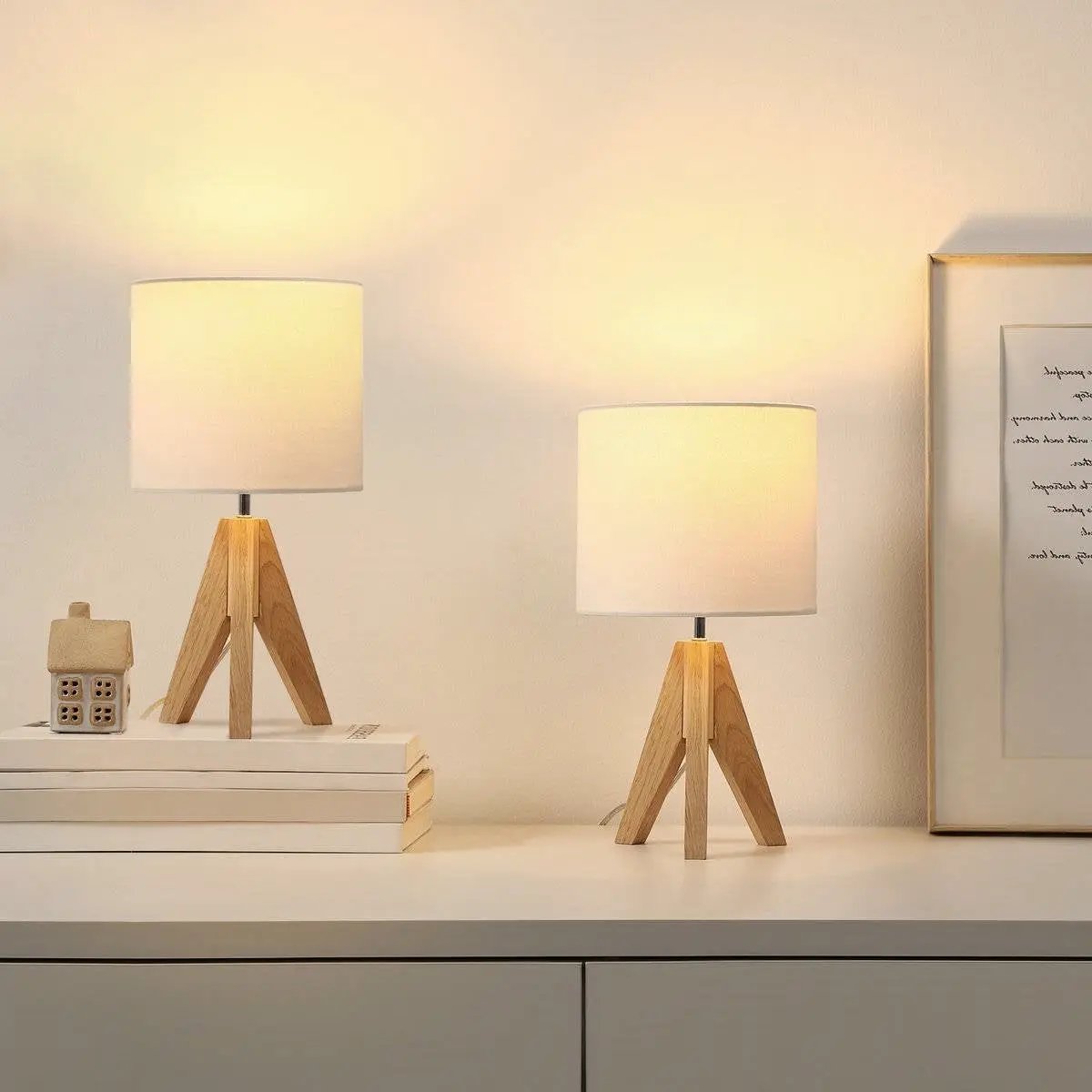 Set of 2 - Scandinavian Style Tripod Desk Lamp with White Linen Drum Shade by HomePacific