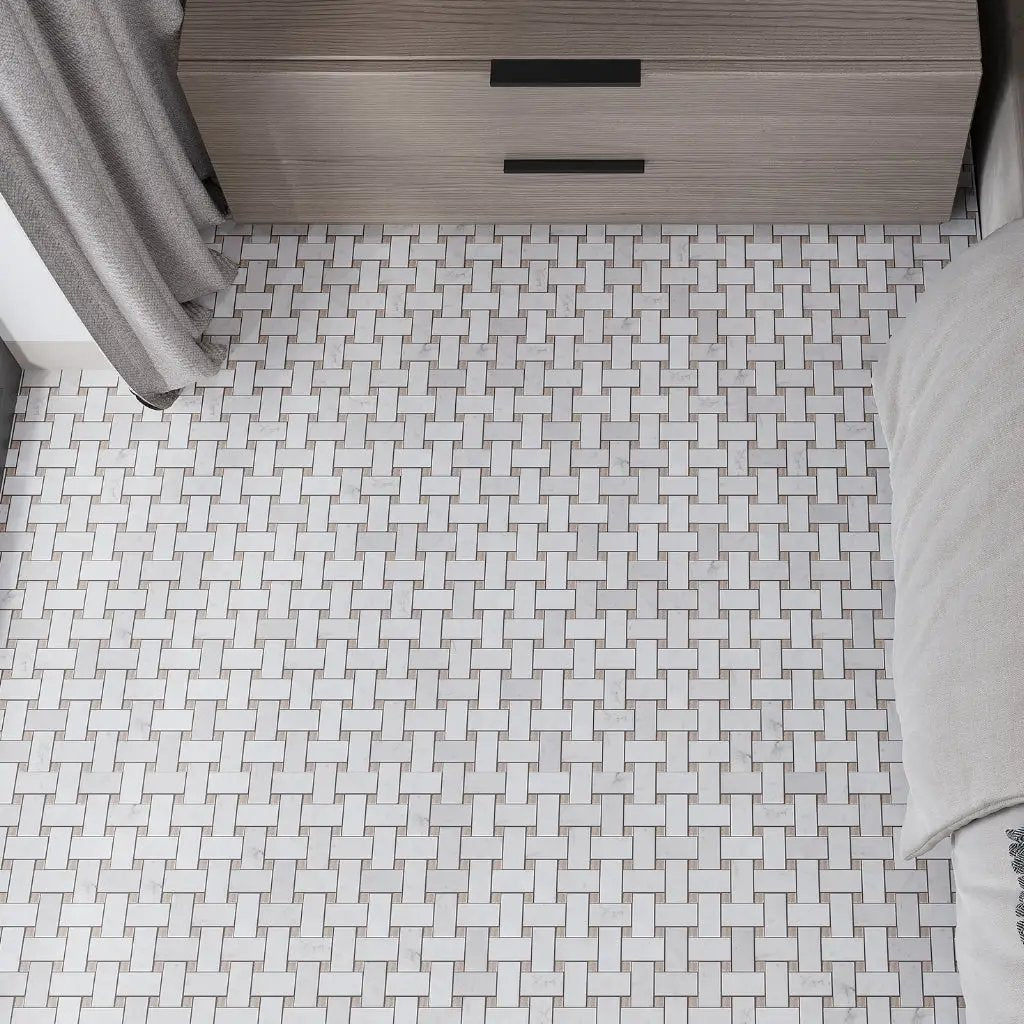 Bianco Carrara, Eastern Beige 12x12 Polished Basketweave Marble Mosaic Tile (5 pack, 5 sq ft/case) by Apollo Tile