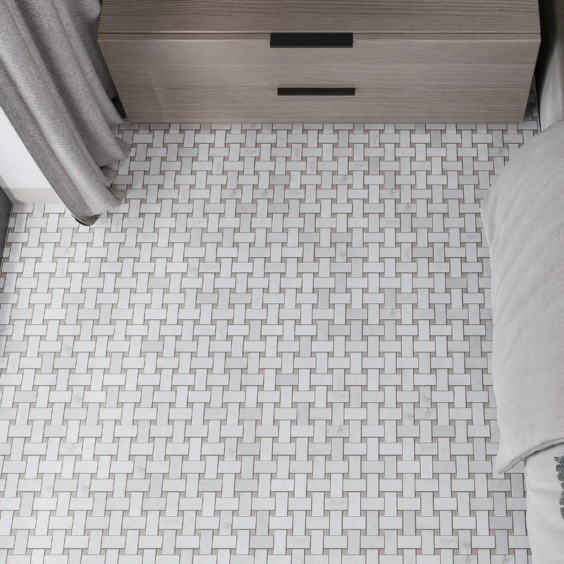 Bianco Carrara, Eastern Beige 12x12 Polished Basketweave Marble Mosaic Tile (5 pack, 5 sq ft/case) by Apollo Tile