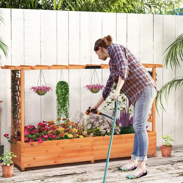 Solid Fir Wood Rectangle Raised Garden Bed with Side Trellis by HomePacific