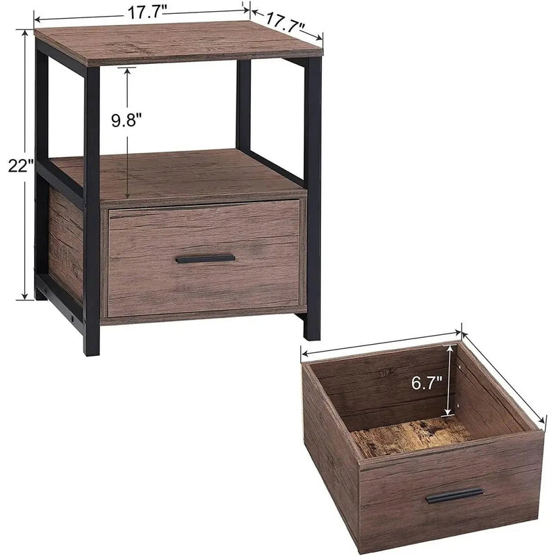 Set of 2 - Modern Metal Wood Side End Table Nightstand with Storage Drawer by HomePacific