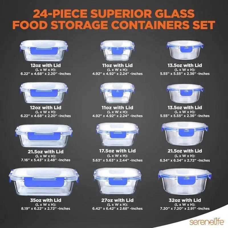 24-Piece Glass Food Storage Container Bakeware Set with Snap Locking Lids by HomePacific