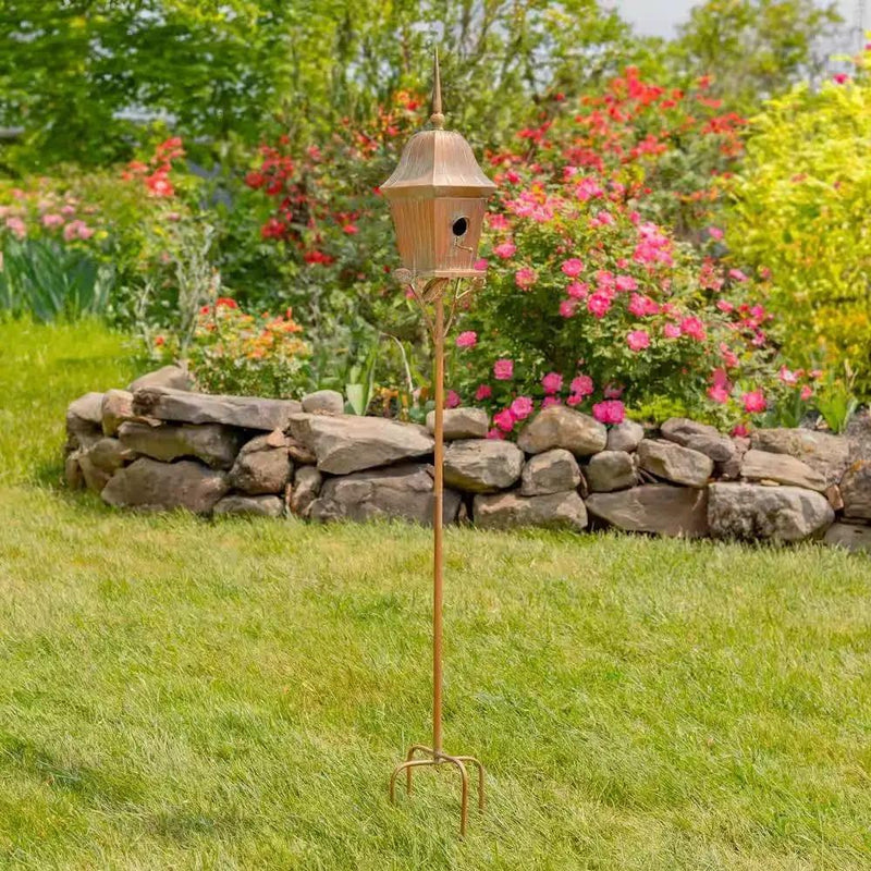 Copper Finish Metal Garden Birdhouse with Stake and Pole by HomePacific