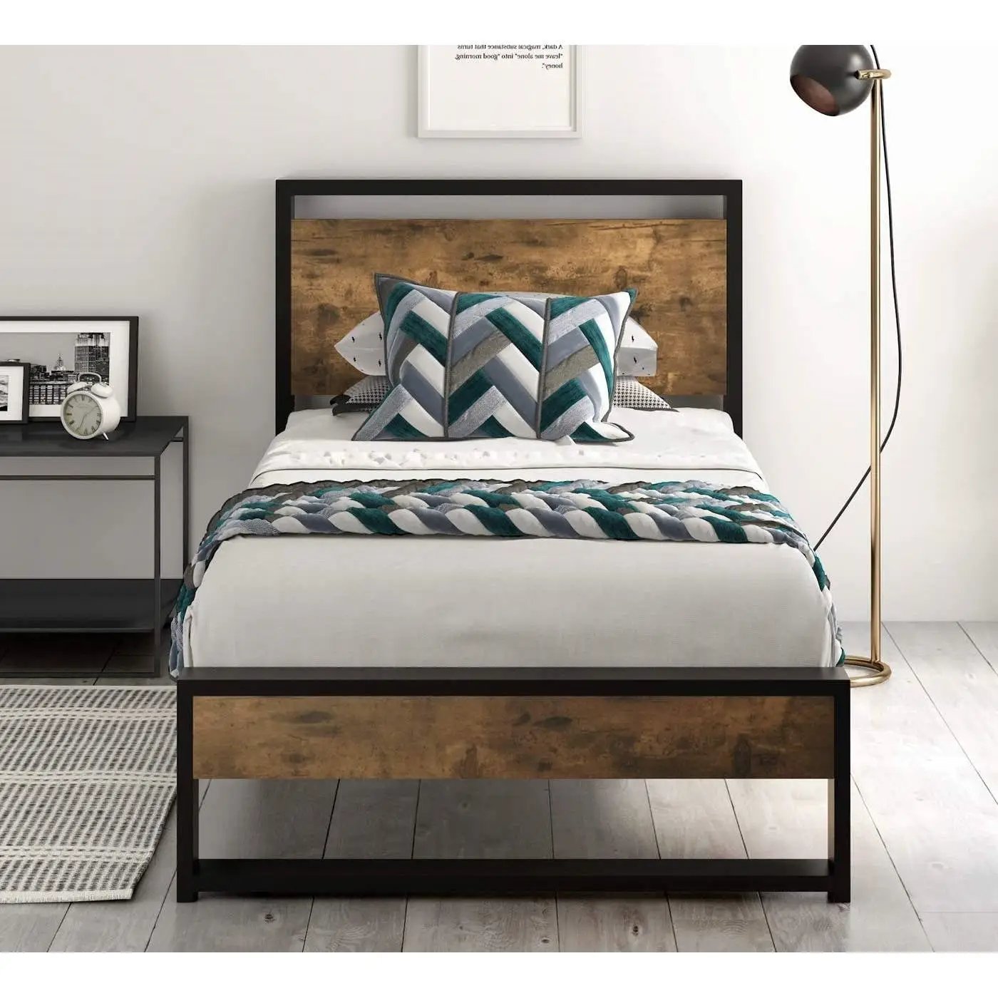 Twin size Metal Wood Platform Bed Frame with Industrial Headboard by HomePacific
