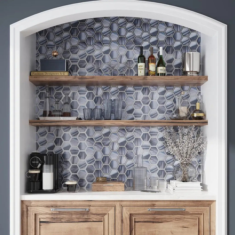 Silver Midnight Blue 9x10 Matte Hexagon Glass Mosaic Tile (5 pack, 3.28 sq ft/case) by Apollo Tile