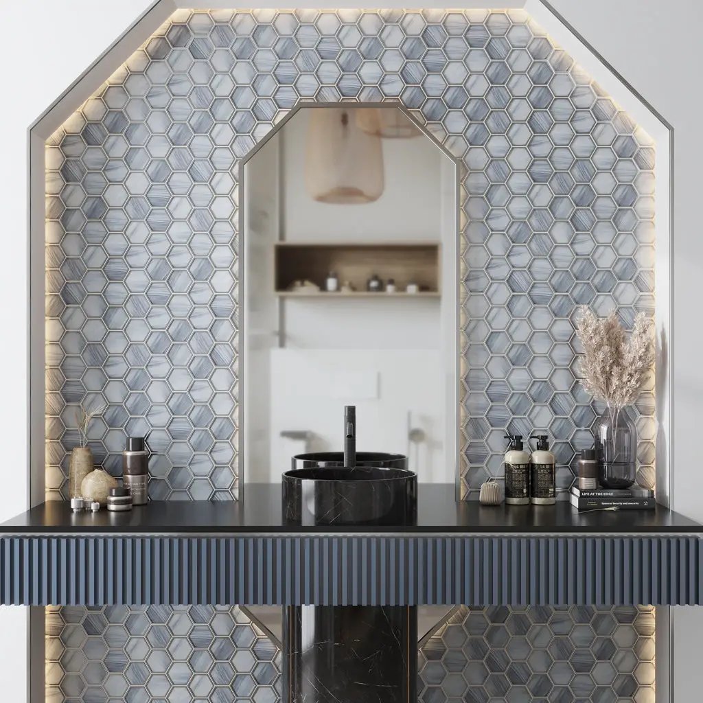 Light Frost Blue 9x10 Matte Hexagon Glass Mosaic Tile (5 pack, 3.28 sq ft/case) by Apollo Tile