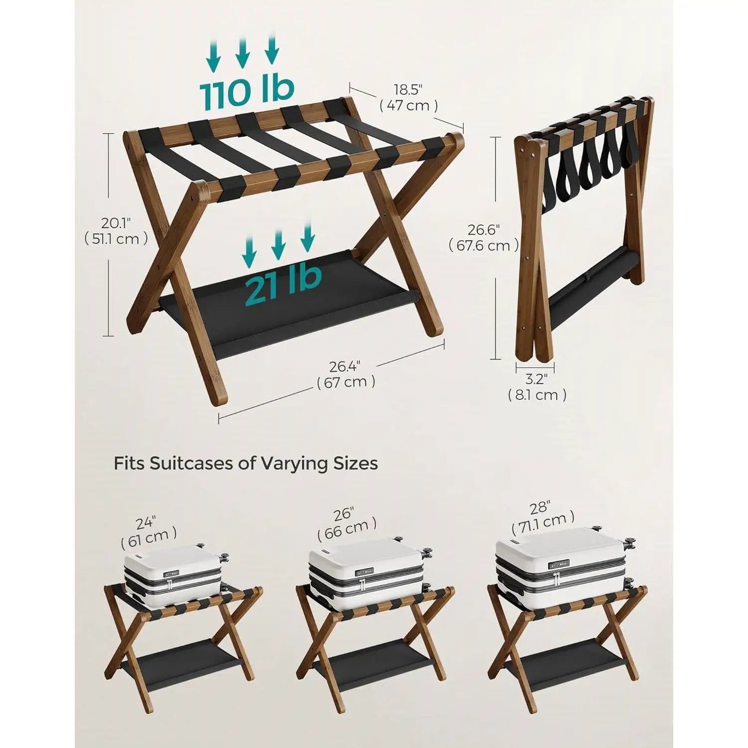Set of 2 - Sturdy Luggage Rack in Walnut Wood Finish with Lower Storage Shelf by HomePacific