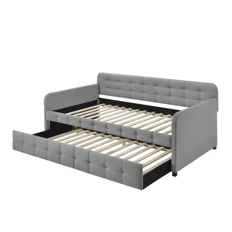 Gray Tufted Polyester Linen Twin Daybed with Trundle by HomePacific