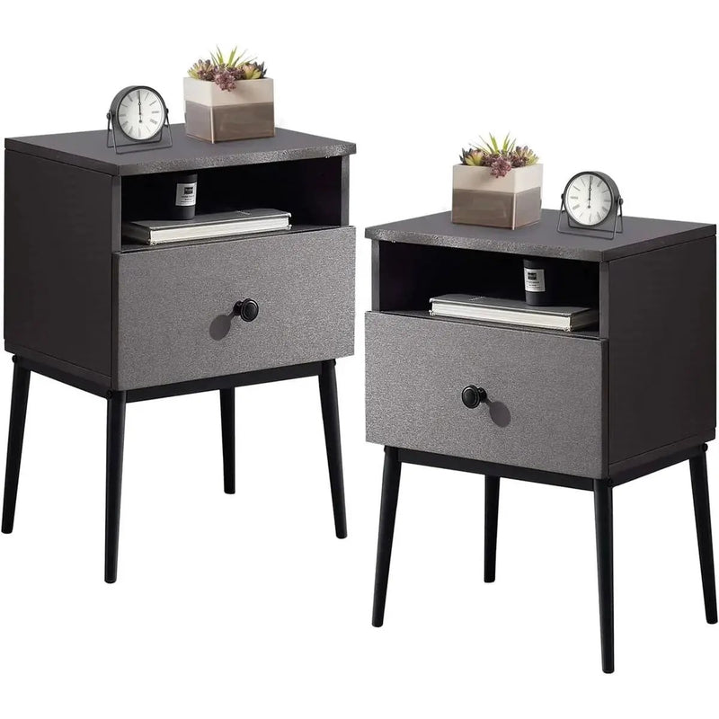Set of 2 - Mid Century Modern Side Table Nightstand in Grey Black Wood Finish by HomePacific