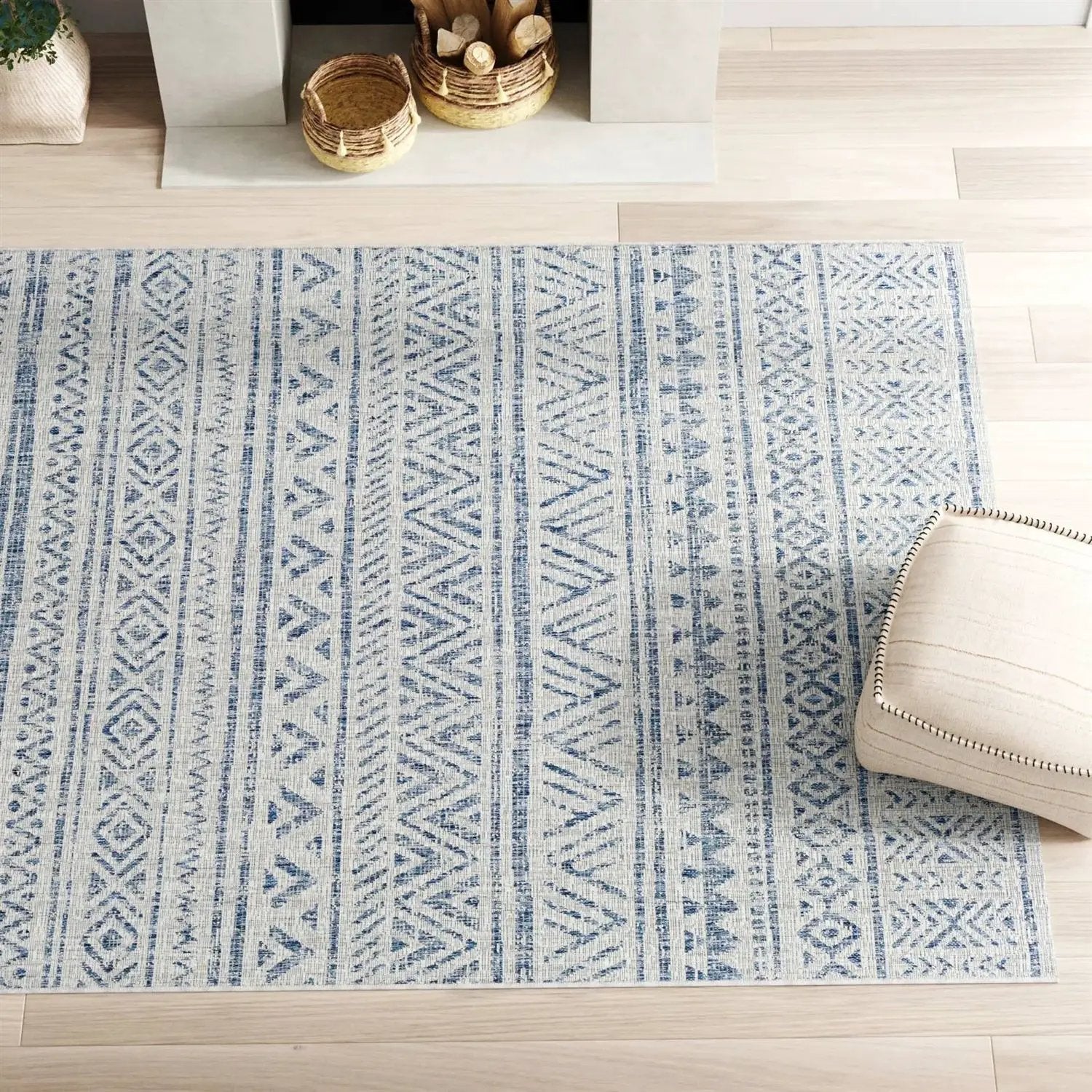 8 ft. x 10 ft. Blue Grey Chevron Coastal Boho Style Indoor Outdoor Area Rug by HomePacific