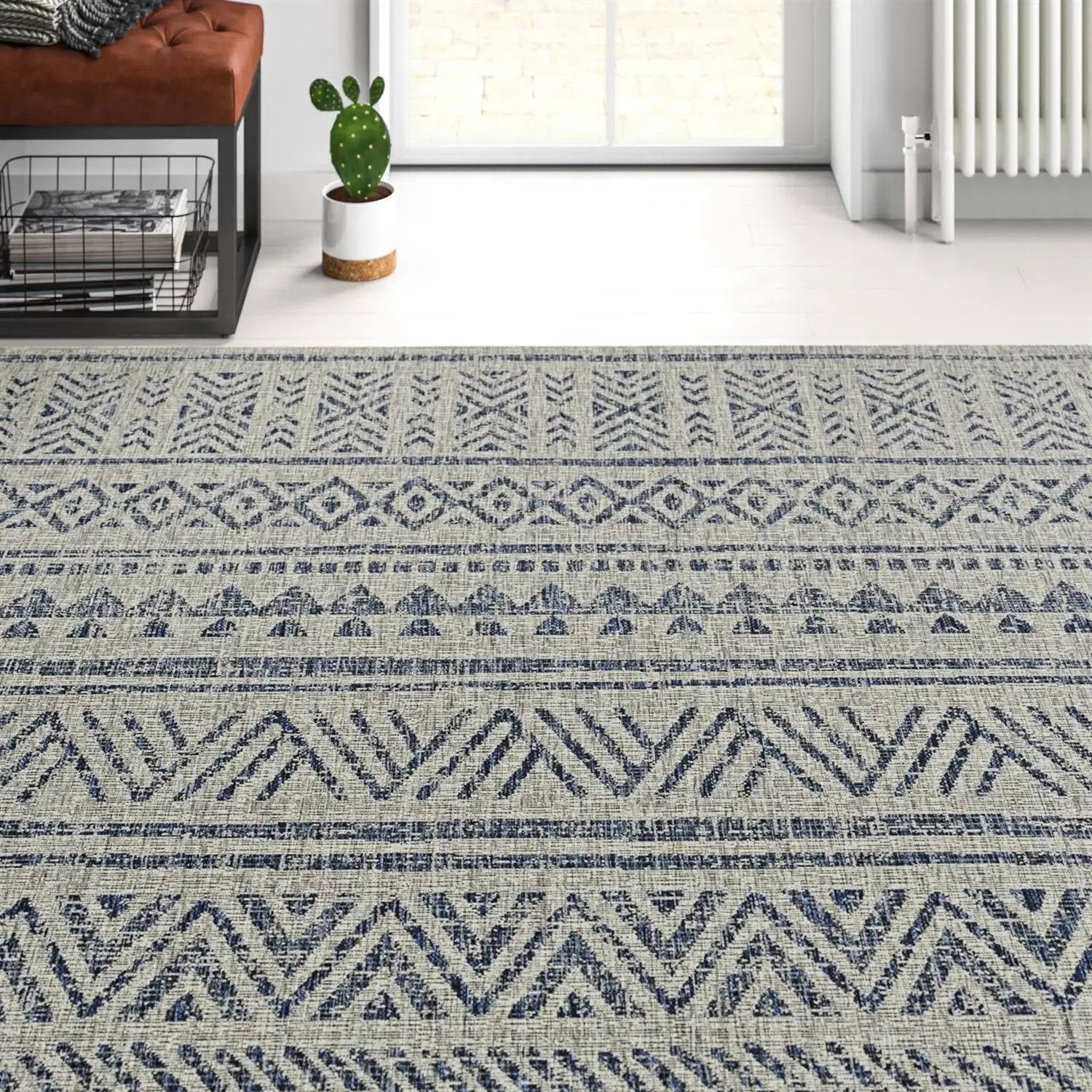 8 ft. x 10 ft. Blue Grey Chevron Coastal Boho Style Indoor Outdoor Area Rug by HomePacific