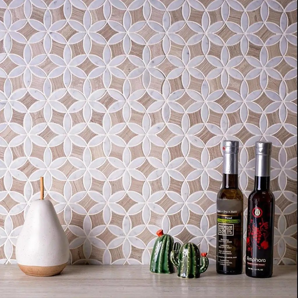 Wooden Beige Bianco Carrara 12x15 Polished Multi-shaped Marble Mosaic Tile (5 pack, 6.175 sq ft/case) by Apollo Tile