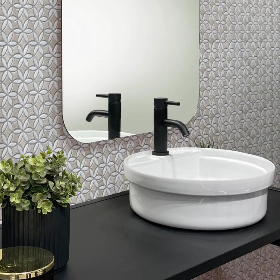 Wooden Beige Bianco Carrara 12x15 Polished Multi-shaped Marble Mosaic Tile (5 pack, 6.175 sq ft/case) by Apollo Tile